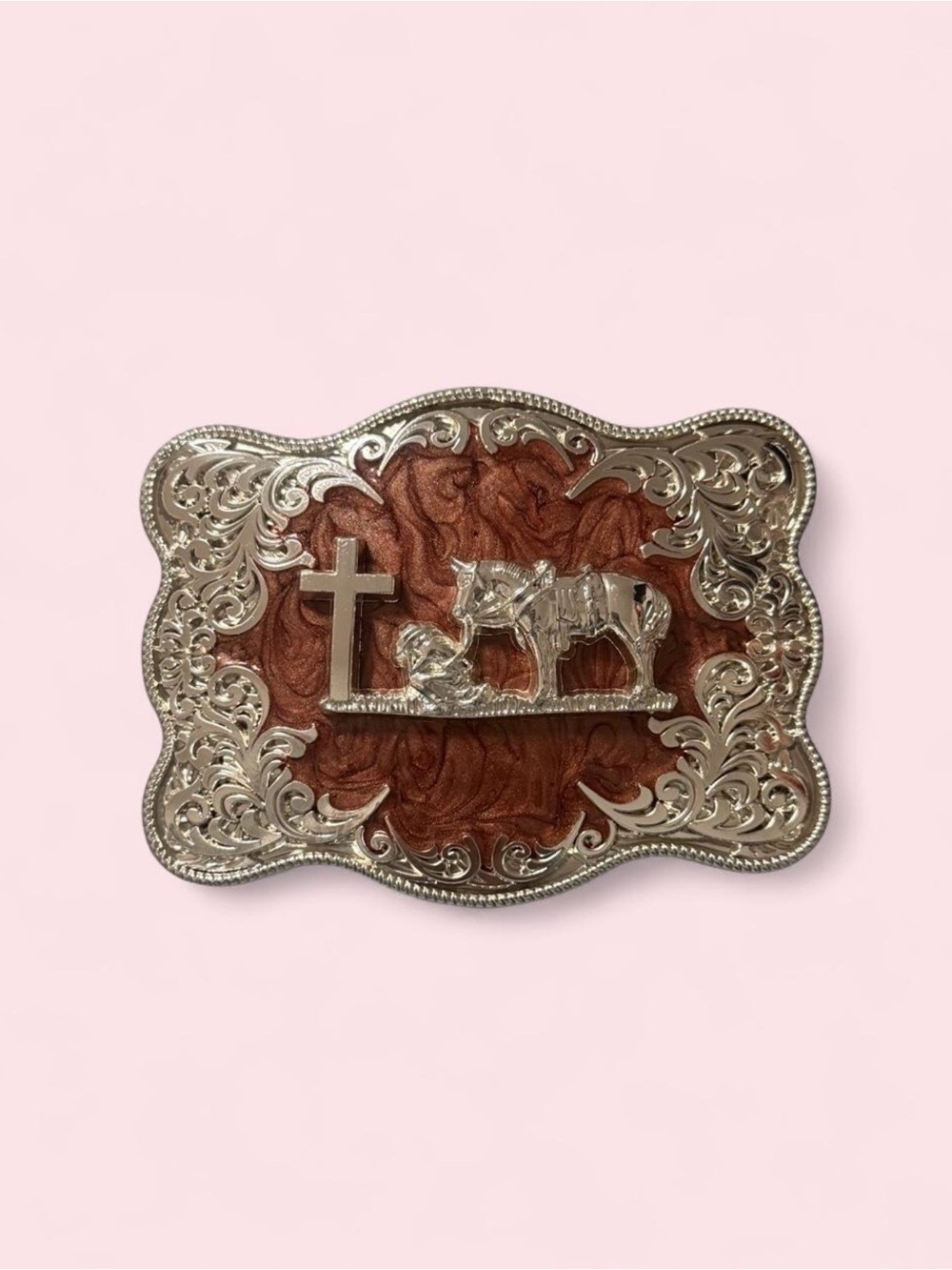Western Cross & Horse Belt Buckle in Silver and Copper